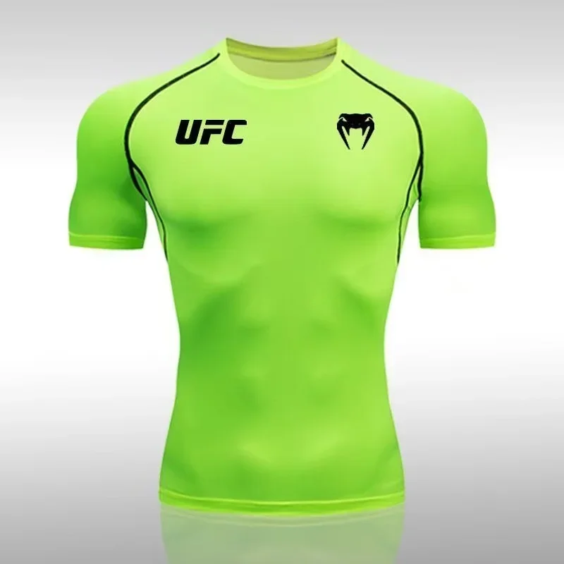 압박 티셔츠 남성용 빠른 건조 반팔 여름 피트니스 러닝 셔츠 타이트 핏 탑 UFC 프린트 남성용 트레이닝
