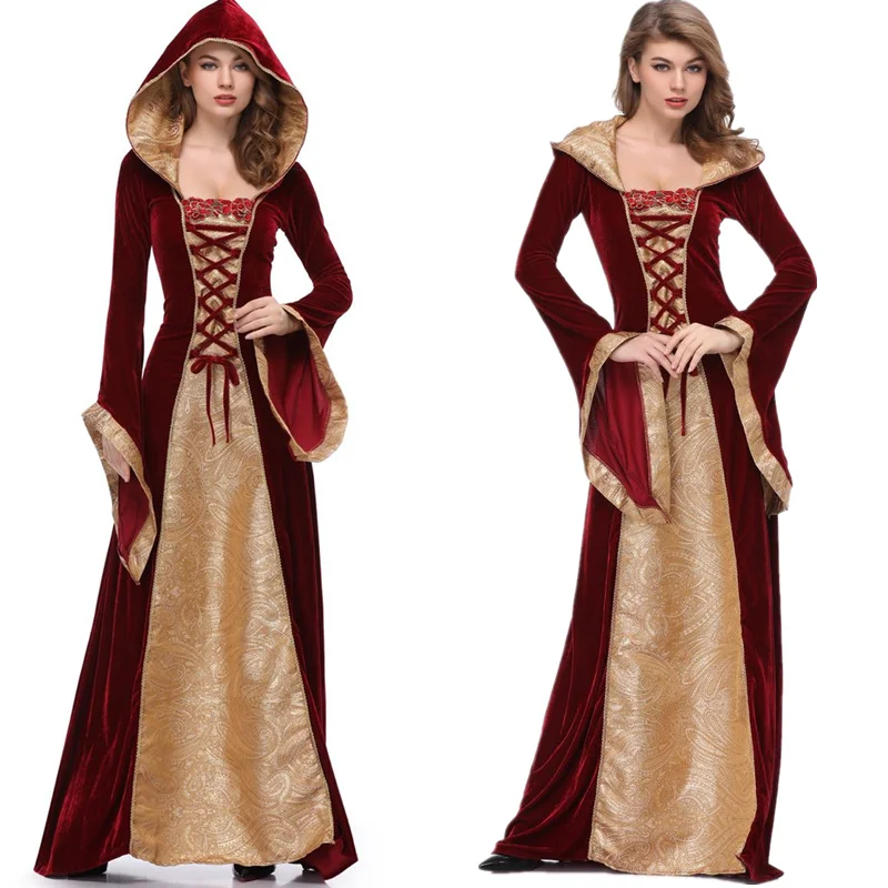 

Woman's Renaissance Victorian Medieval Gothic Long Dresses Halloween Cosplay Princess Queen Velvet Medieval Robe Hooded Gown