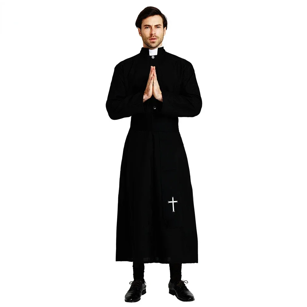 Black Men's Priest Costume Adult Father Robe Monk Cross for Cosplay Stage Halloween Party