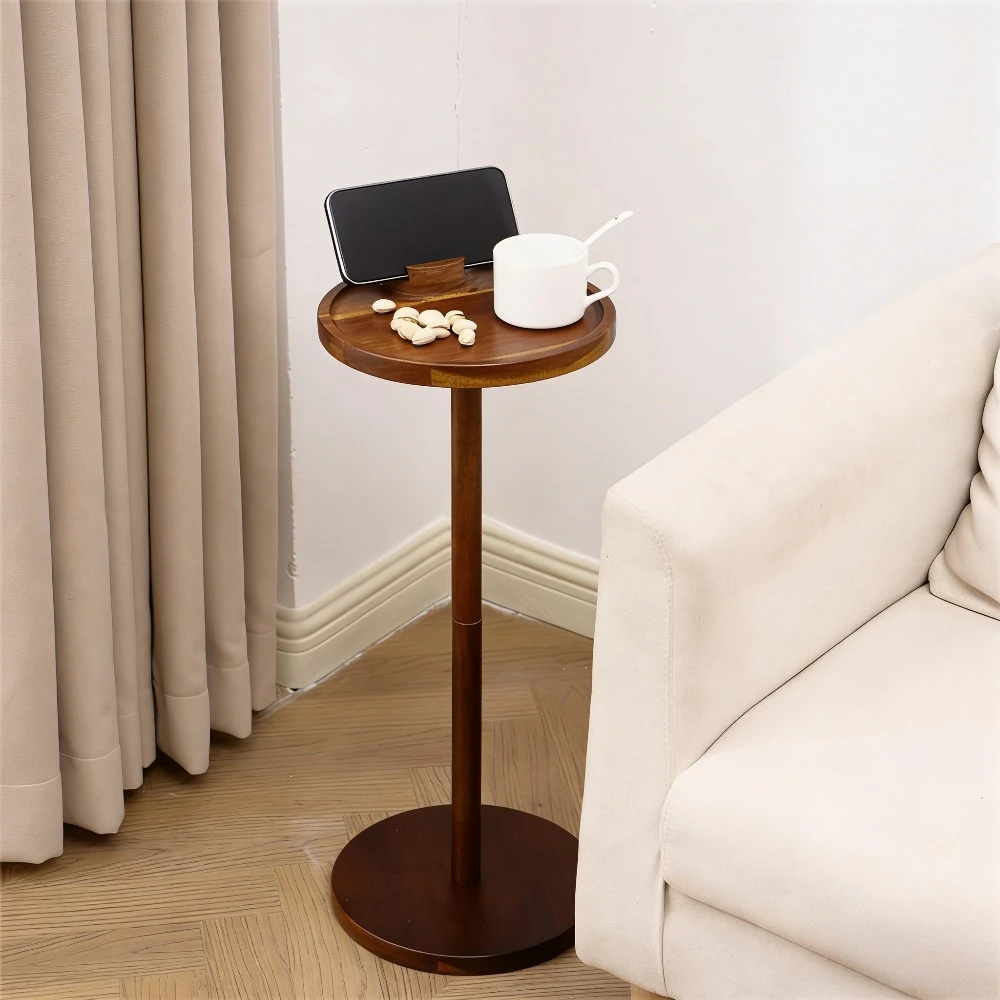 

Wooden Round Side Table with Phone Holder Floor Small Table Sofa End Table for Living Room Bedroom Home Decor
