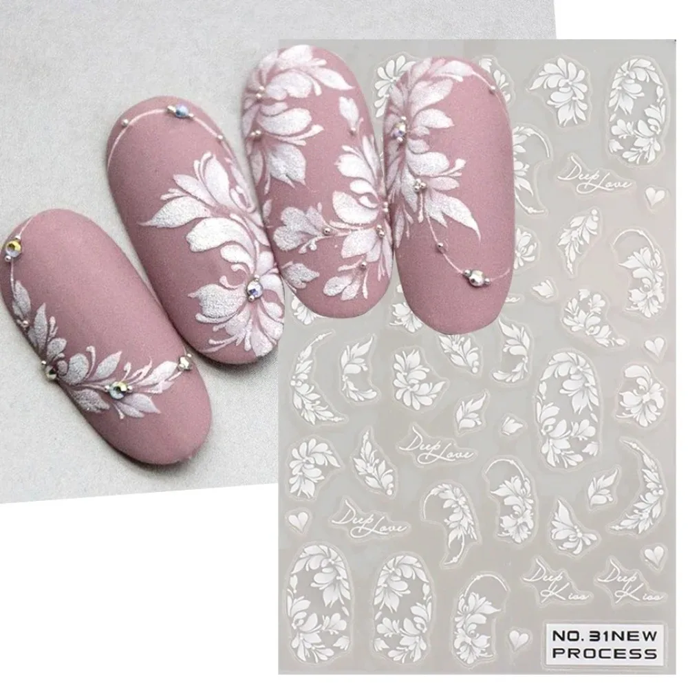 Autocollant pour Nail Art en dentelle blanche, breloque florale en acrylique, curseur adhésif élégant pour mariée de mariage, conception de ligne Simple, décalcomanie de manucure