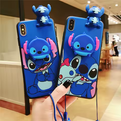 Cartoon Stitch Case With Holder Rope For Samsung Galaxy S7 Edge S8 S9 S10 S20 S21 S22 S23 Plus Ultra S21FE Note 9 10 20