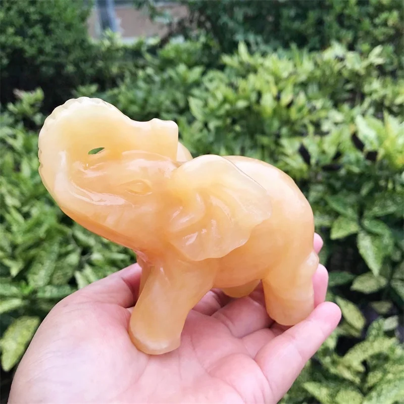 13CM Natural Orange Calcite Elephant Crystal Carved Animal Figurine Healing Quartz Gemstone Crafts Home Decoration Gift 1PCS