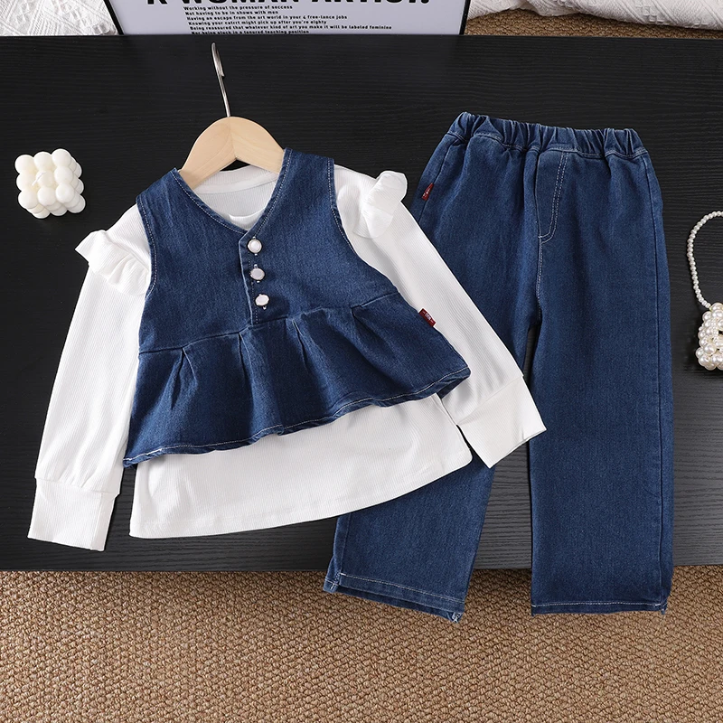 Toddler Girl Peplum Denim Vest 3pcs Set Pearl Button White Tee Jeans Baby Fall Winter Outfit Long Sleeve Cotton 110-140cm