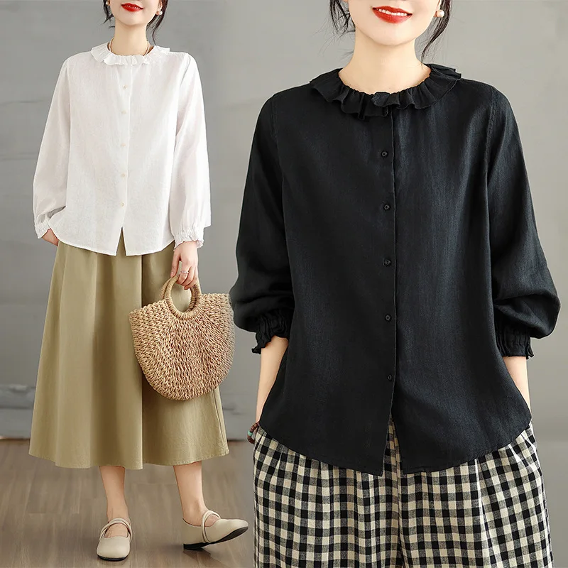 

Women Shirts Solid Blouses Long Sleeves Ruffled Collar Single Breasted Slight Strech Loose Fit Streetwear Casual 2026 Spring