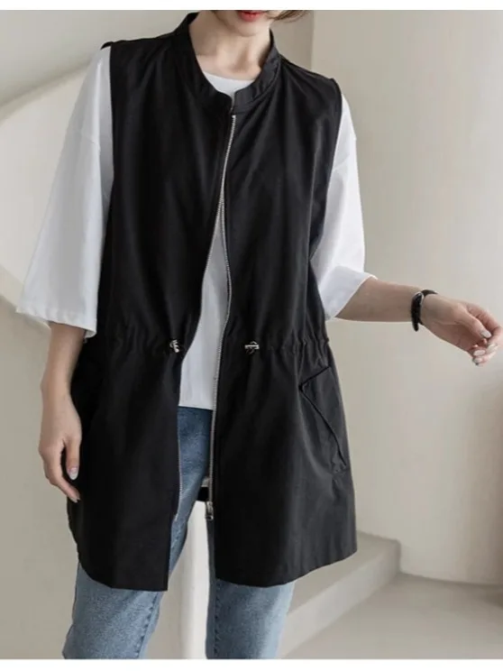 

New 2025 Women's Slim Fit Linen Cotton Vest Thin Outerwear Jaet Suits Commute round Ne Zipper Pure Color Middles Length