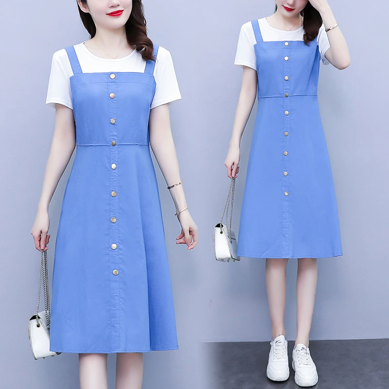 Women T-shirt Dresses Summer Female O Neck Short Sleeve Large Size Elegant A Line Blue Fake Two Pieces Single-breasted Vestidos