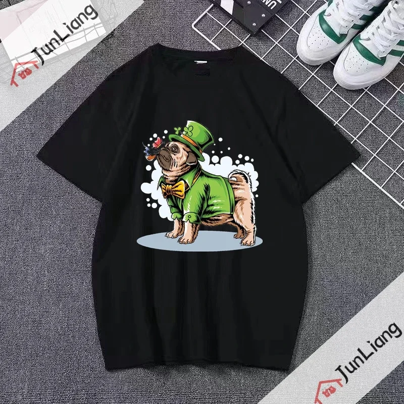 St. Patrick's Day Cute Pug Smokes A Cigar Gift for Pug Lovers Funny Cute Pugs Tee Top Tops Y2k Man Casual Short T-shirts