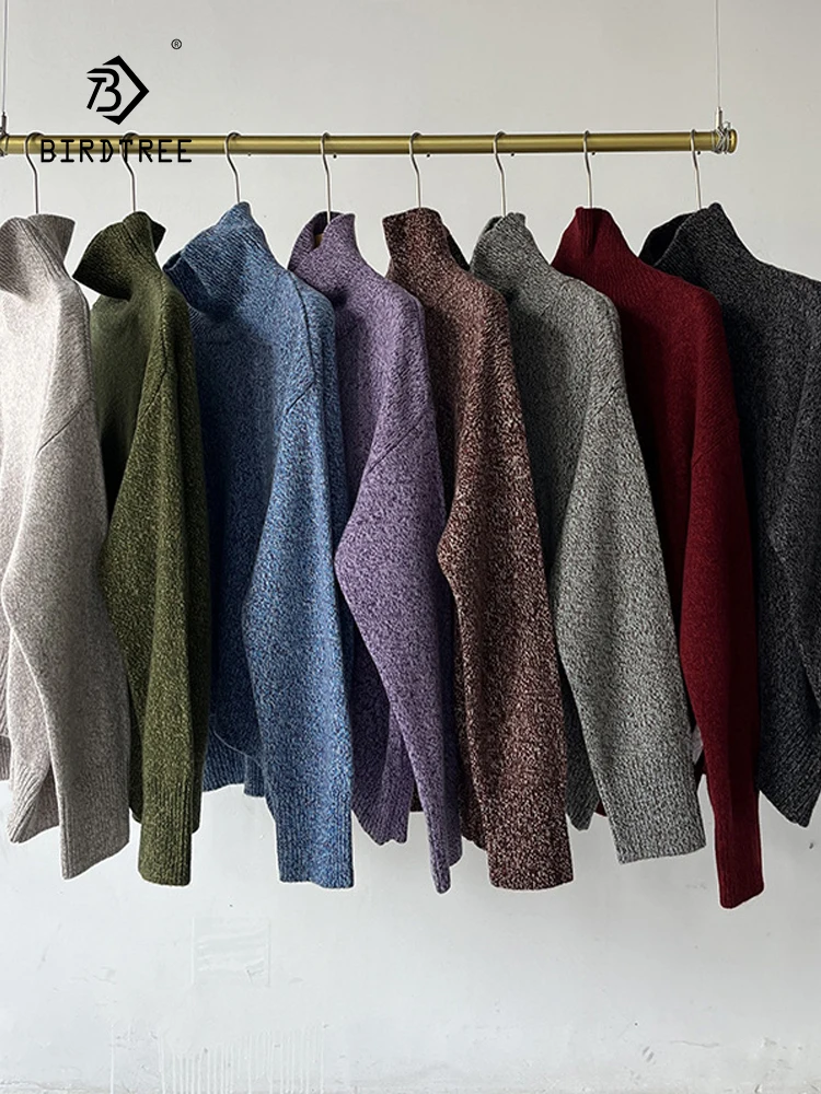 Birdtree 460G 100%Wool Sweater,Women Long Sleeve Turtleneck Loose,Knit Thicken Warm Pullovers Coat,Autumn Winter T4N517JC