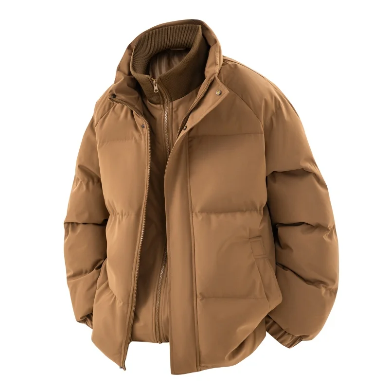 Man Luxury False Two-Piece Cotton-Padded Jacket Stand Collar Solid Color Warm Zipper Button Trend Coat Fashion Casual Men's Tops