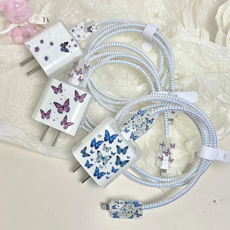 5pcs Fashion Flowers Charging Data Cable Protector Winder Accessories For Apple iPhone 18W/20w Charger Protective Cover Sleeve