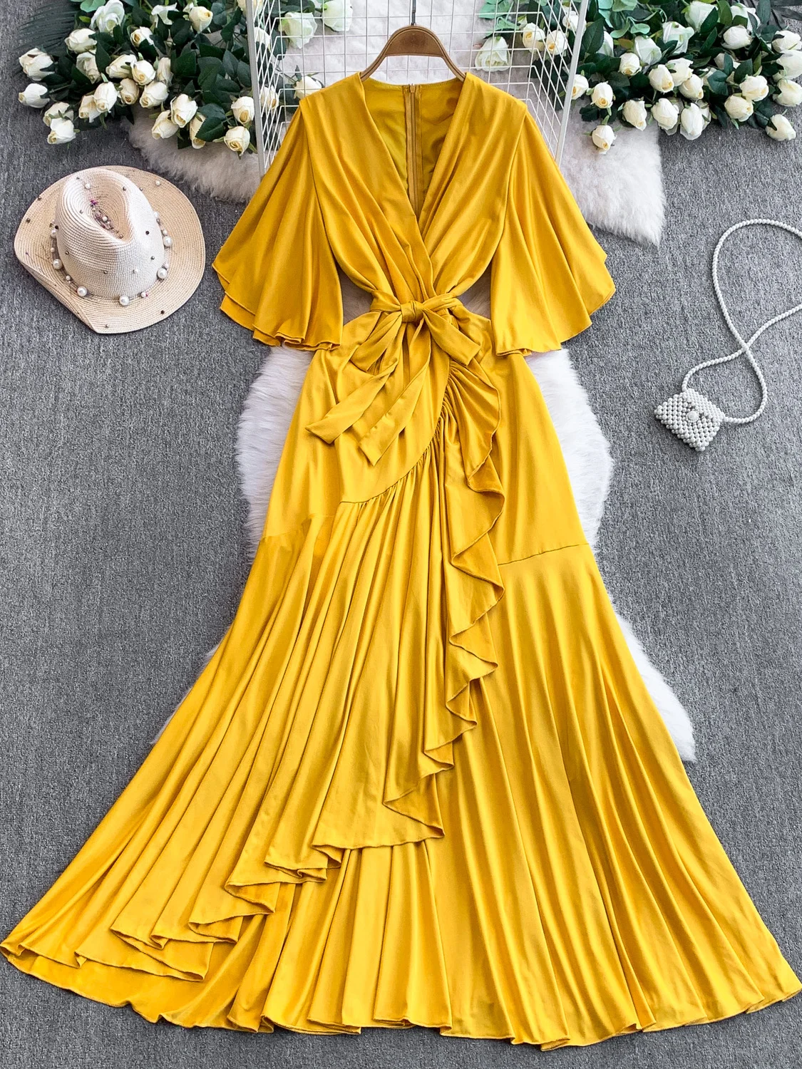 

Сексуальное длинное платье с крестом и v-образным вырезом, женское осенне-зимнее утягивающее платье с нерегулярным подолом Bell Sve с высокой талией Dr Ci Commute