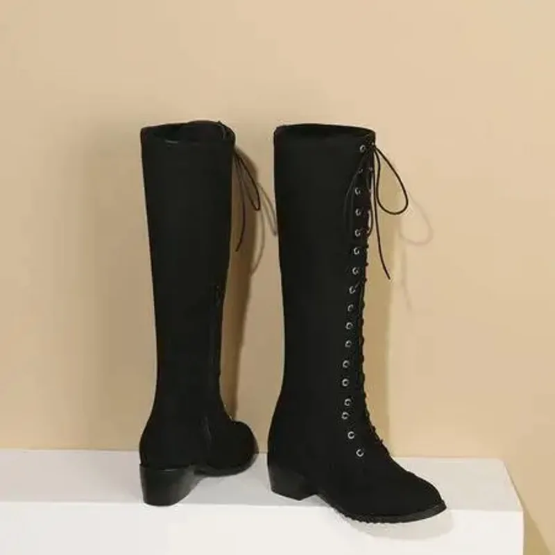 2025 New Women Cosplay Riding Knee High Boots Med Heels Lace Up Party Date Shoes Black Pink Orange Purple Plus Size 43