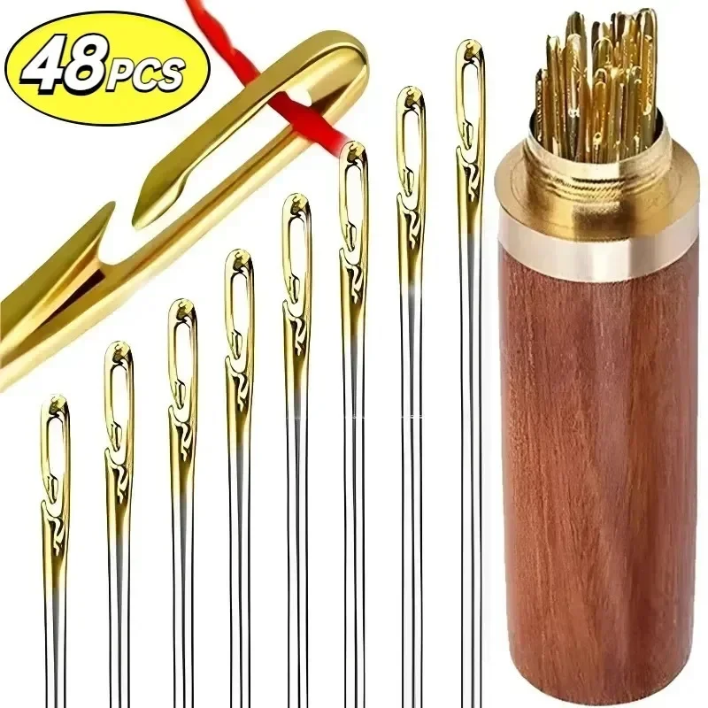 12/48Pcs Side Hole Blind Sewing Needles Stainless Steel Elderly Needles Hand Sewing Stitching Pin DIY Home Self Threading Needle