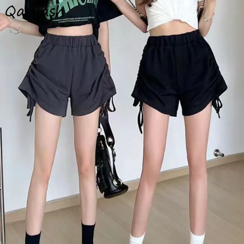 Shorts Women Tender Shirring Chic Wide Leg Hotsweet Casual Sporty All-match Teens Pure Korean Style Elastic Waist Soft Hipster