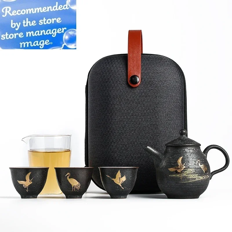 

Tangpin черный посудочный керамический чайник с 3- чашками летающий журавль портативный дорожный чайный сервиз посуда для напитков