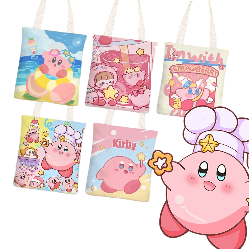 

33*38cm Bandai Star Kirby Cartoon Shoulder Canvas Shopping Bag Women's Single Shoulder Simple Zipper Cartoon Student Canvas Bag