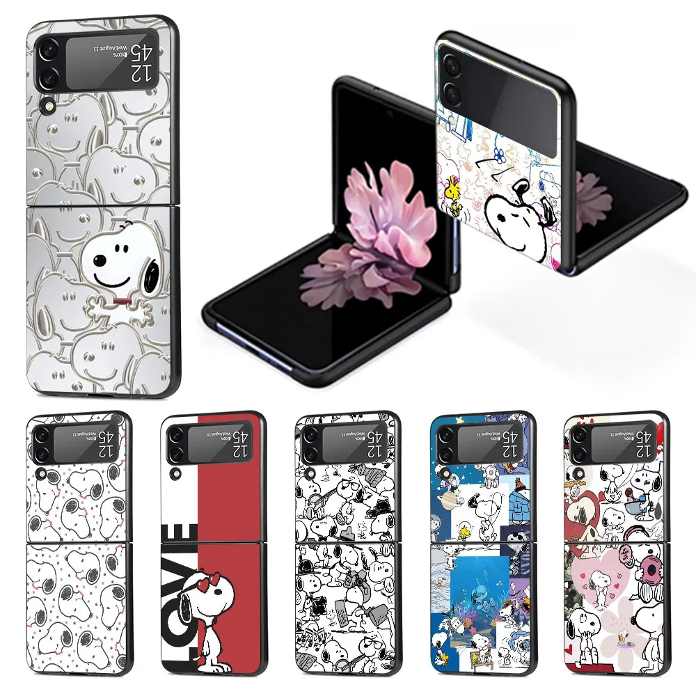 S-Snoopy Cartoon Luxury Phone Case for Samsung Galaxy Z Flip 4 3 5G Hard PC Cover Flip4 Flip3 Black Funda Zflip4 Zflip3 Coque