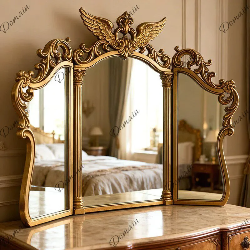 XX European Retro Tri-fold Makeup Mirror Court Carving Old Gold High-end Wall-mounted Three-sided Bathroom Mirror