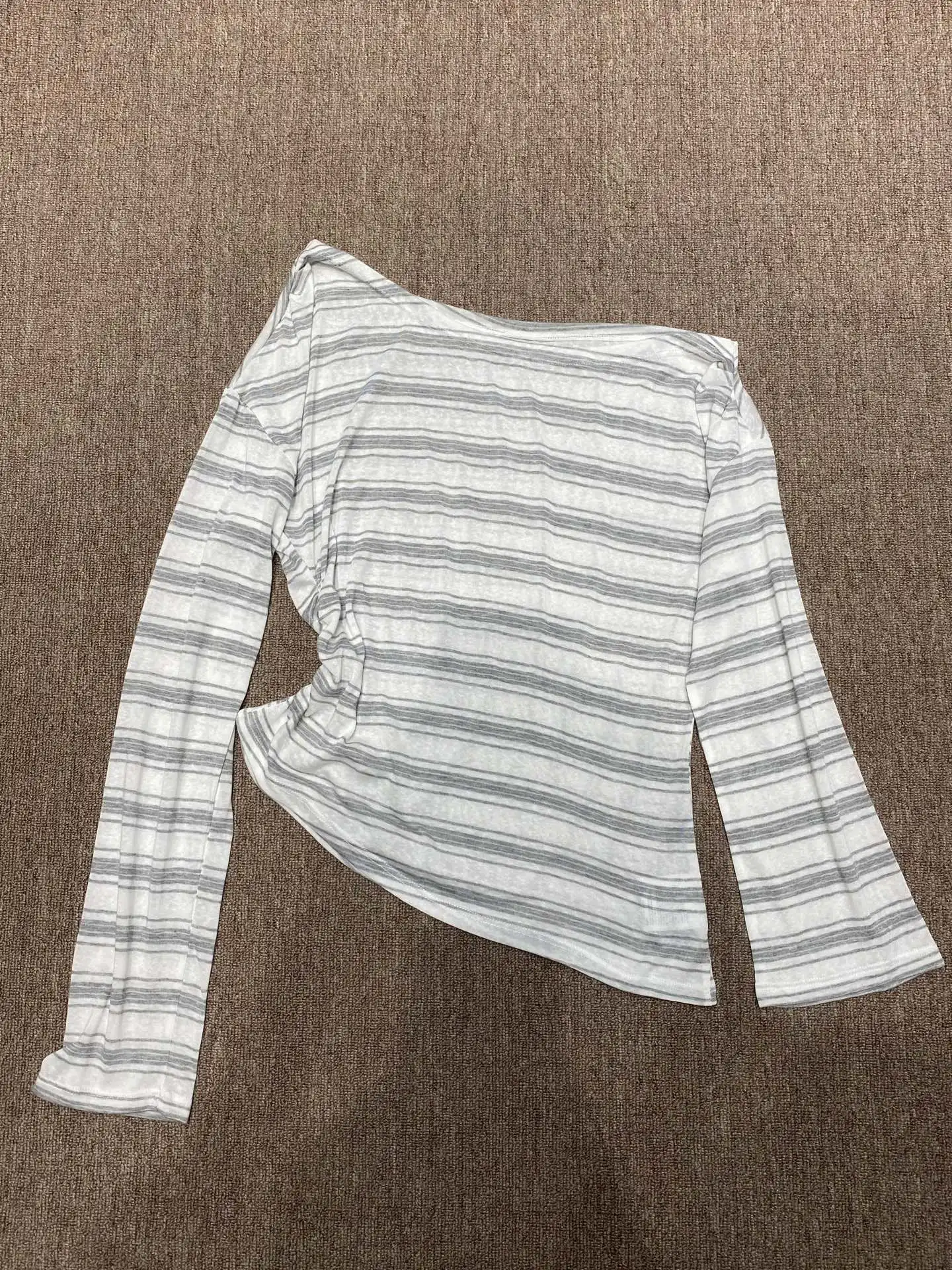 

Slim Fit Women's Stripe T-shirt Casual Shoulder Bared Base Shirt Top Commute Style Long Sleeve Short Length Cotton Summer