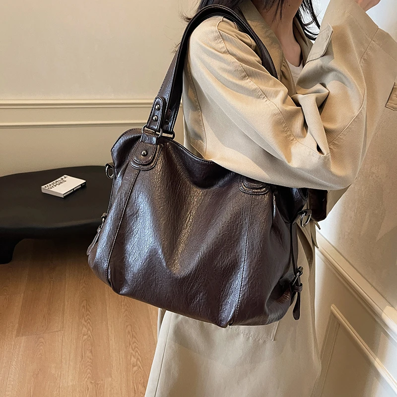 

Designer PU Leather Shoulder Bags Women Classic Elegant Large Handbags Solid Simple Vintage Casual Totes New In 2024 Female Bag