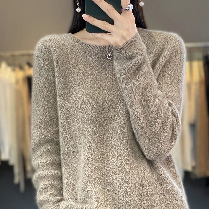 Fashion Women 100% Merino Wool Soft Sweater O-Neck Hollow Out Long Sleeve Pullover Autumn Winter Bottoming Jumper Knitwear Tops