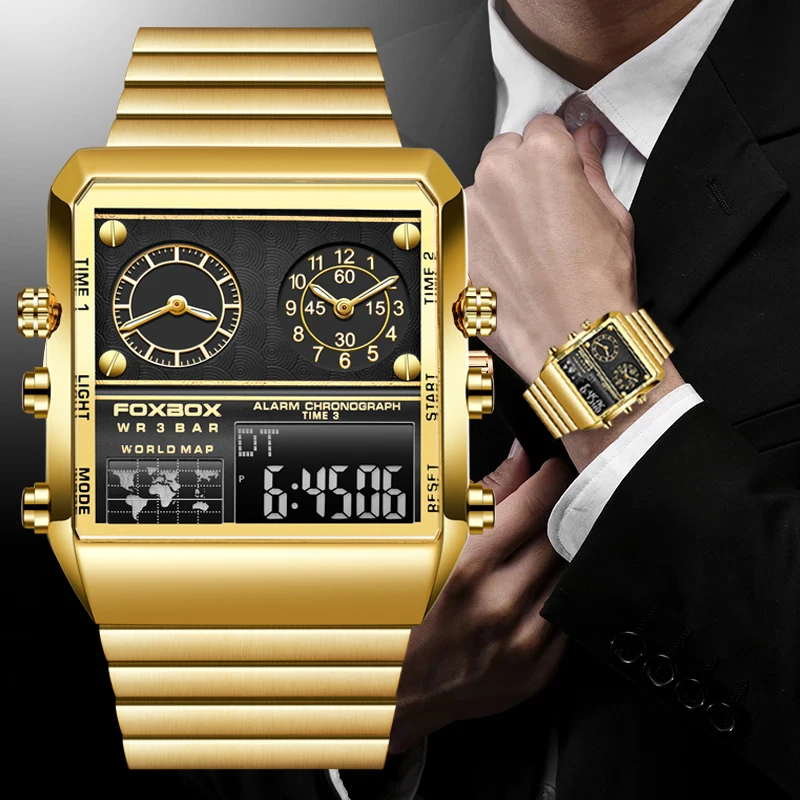 2023 FOXBOX New Top Brand Luxury Fashion Men Watches Gold Stainless Steel Sport Square Digital Analog Big Quartz Watch for Man