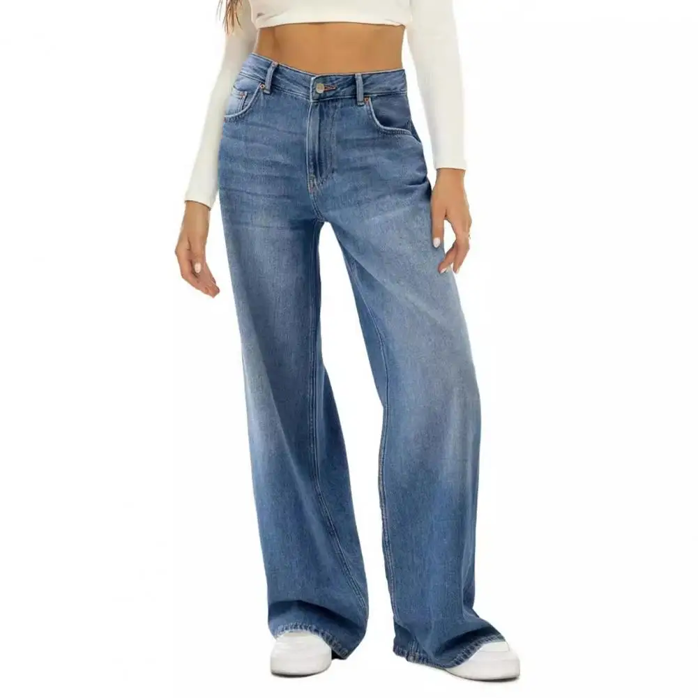 

Женские прямые джинсы с высокой талией и широкими штанинами, однотонные свободные длинные джинсовые брюки на пуговицах с застежкой-молнией, модные длинные брюки