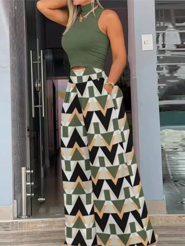 

Two Piece Set Women Outfit 2025 New Summer Temperament Sleeveless Top & Printed Fashion High Waist Wide Leg Pants Set Streetwear
