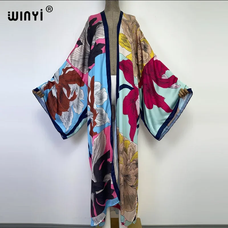 WINYI Catwalk Kimono Women Printed Bubble Hem Coat Long Sleeve Cardigan Abaya Dubai Luxury Beachwear Cover Up Boho Dress Caftan
