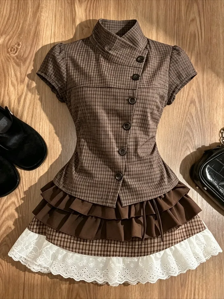 Elegant Lace Sleeveless 2-piece Set Women Vintage Design Square Neck Green Tops Retro Casual Elastic Waist Short Skirt Summer view 5