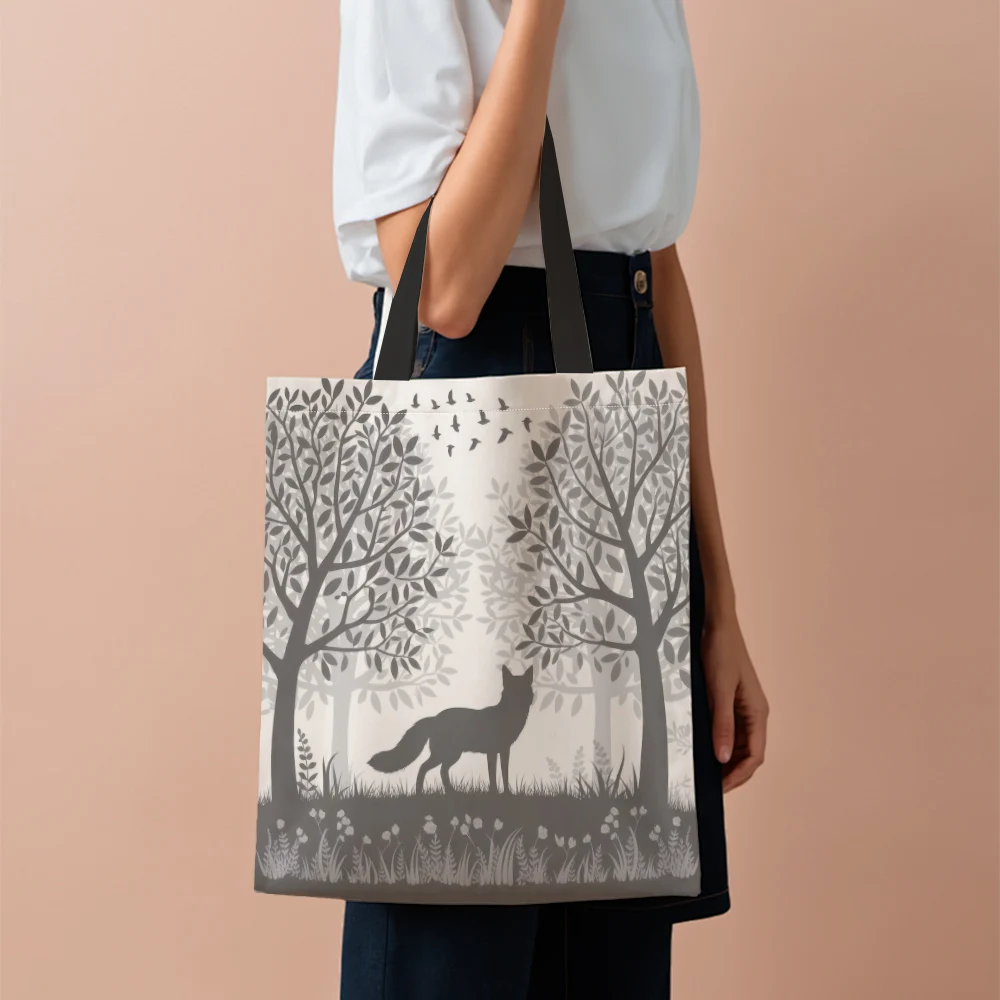 1Pc Tote Bag Reusable Rectangular Shoulder Xfolklore Forest Fox Shopping Handbag For Grocery Fashionable