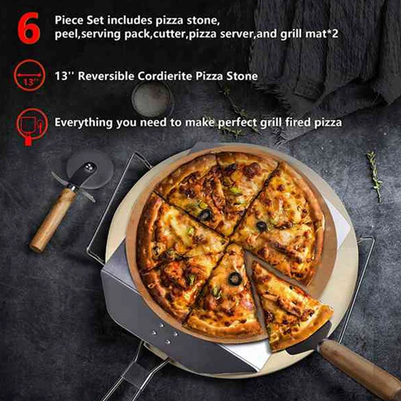 LUDA Pizza Stone Set-13 Inch Pizza Stone For Grill And Oven With Foldable Metal Pizza Peel And Accessories Set