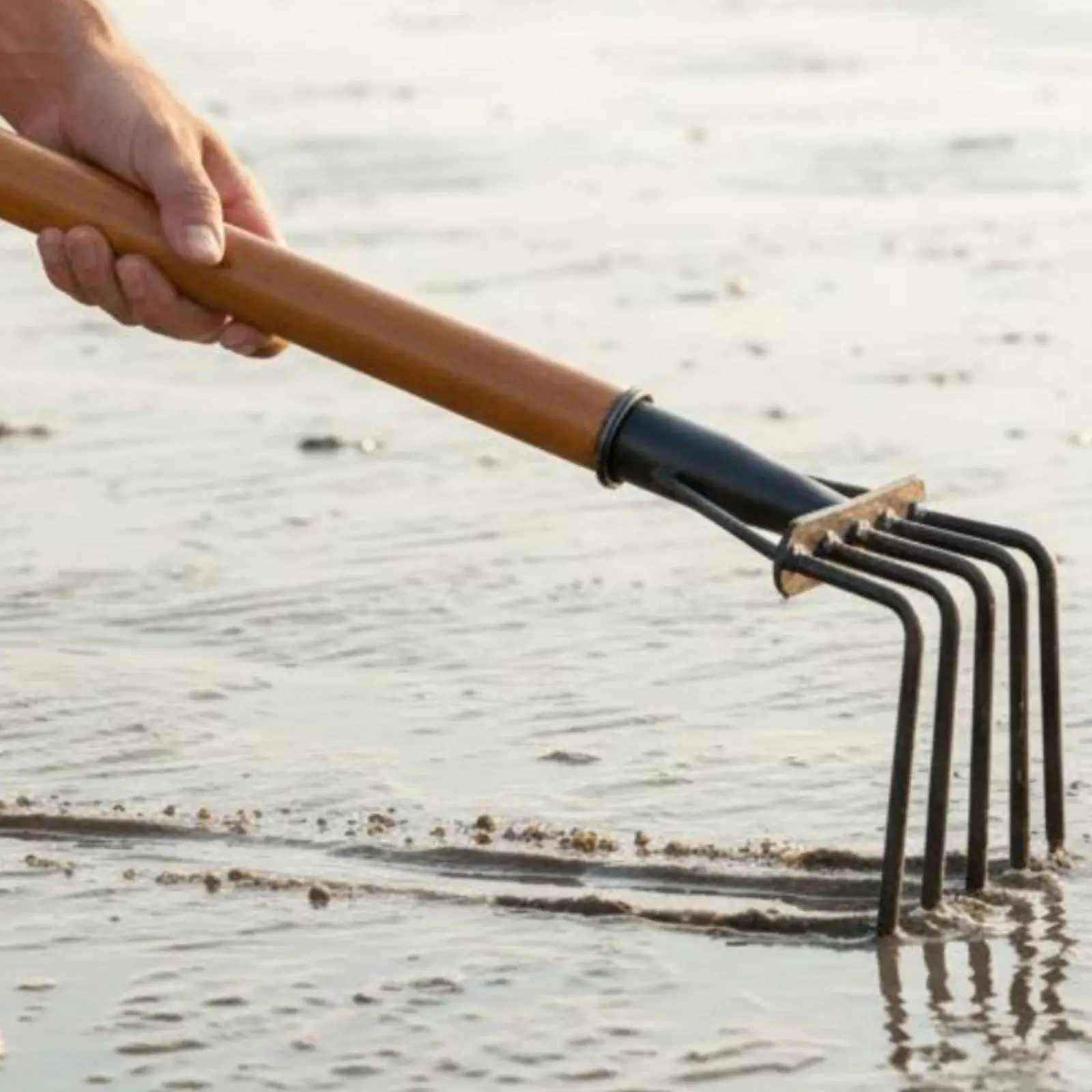 Ergonomic Wood Handle Steel Rake for Clamming Weeding and Loosening Compacted Soil
