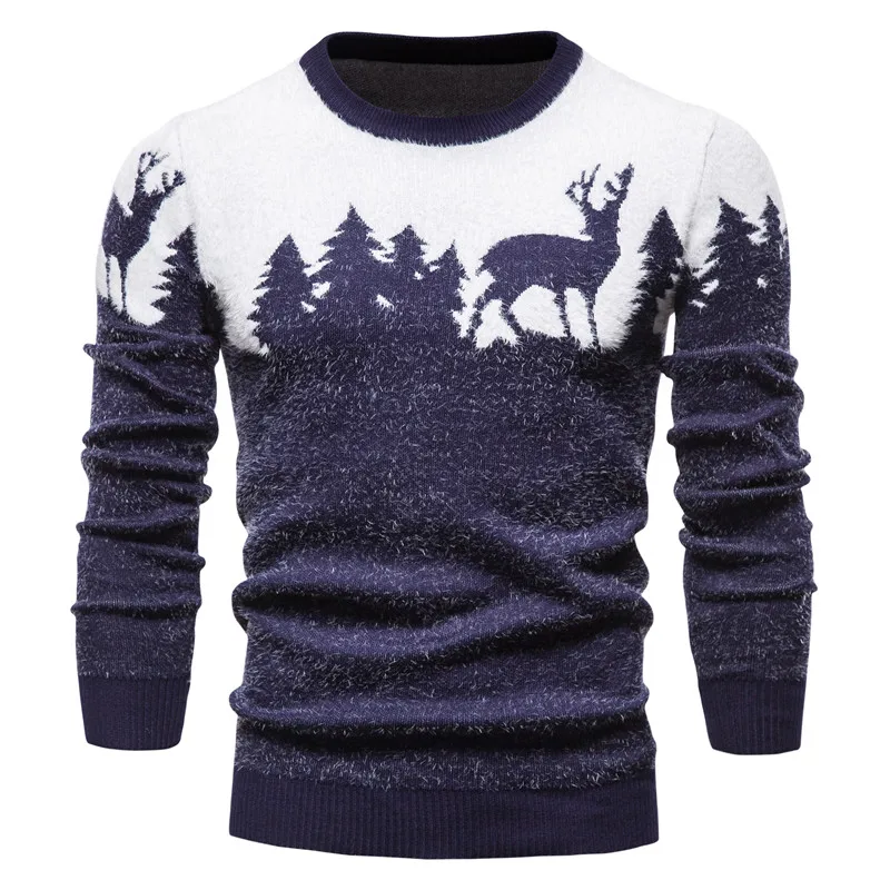 Pull de Noël en laine à col rond pour hommes, pulls décontractés épais, pulls de wapiti souriants, style vintage, hiver