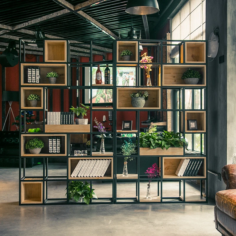 

American industrial style solid wood lattice bookshelf floor partition bookcase screen creative fashion