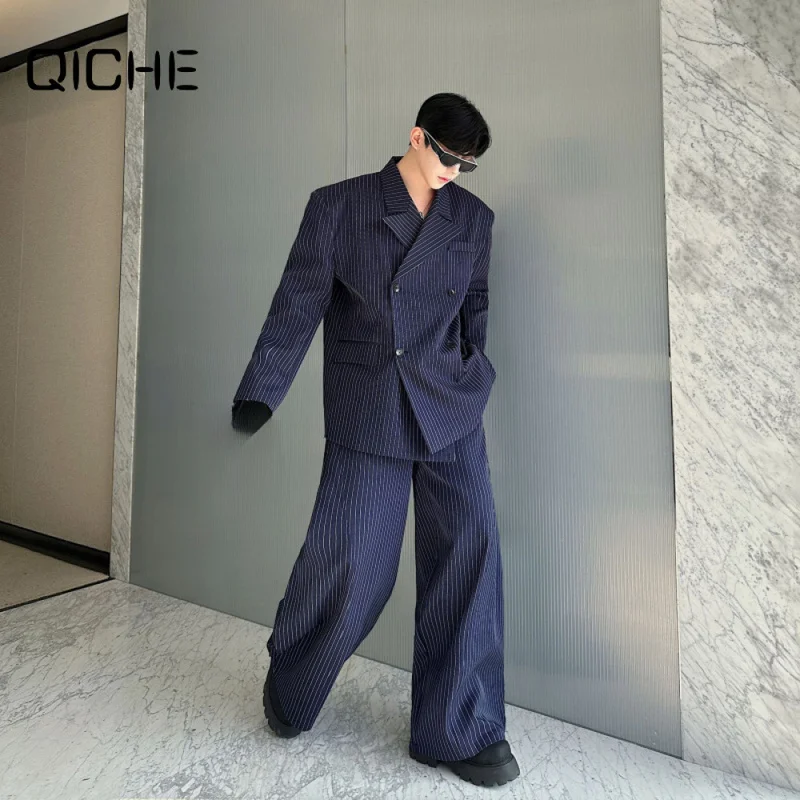 QICHE Men 2026 Spring Vintage Stripe Padded Wide Shoulder Double Breasted Blazer Wide Leg Pants TwoPiece Suit Outfit