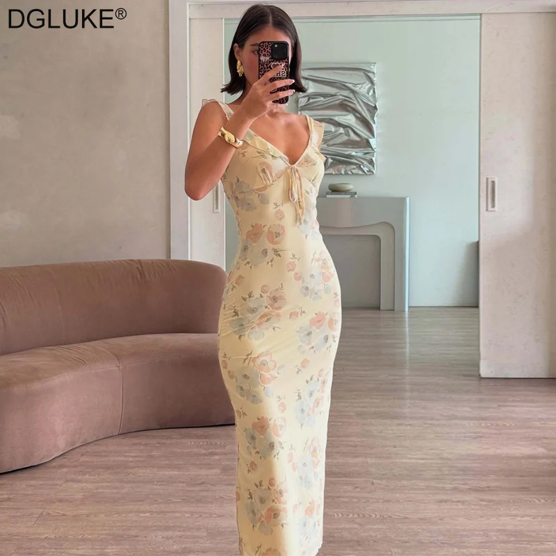 

DGLUKE Ruffle Plunge Neck Floral Maxi Dress Woman Tie Front Bodycon Mesh Beach Dress Bohemian Romantic Long Summer Dresses