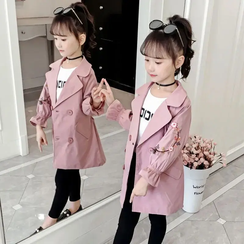 Trench Coat For Girl Children's Spring Cute Long Jacket 2024 New Kids Casual Outerwear Baby Khaki Fashion Windbreaker