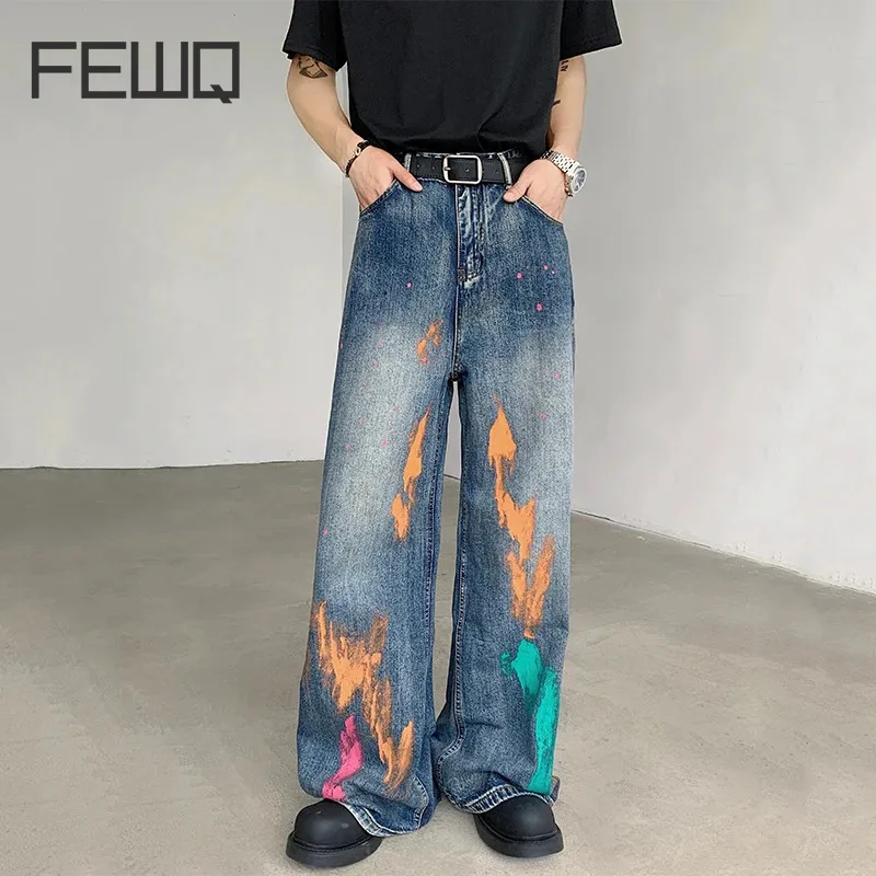 

FEWQ Men's Denim Pants High Street Loose Brush Painting Contrast Color Straight Wide Leg Casual Male Jeans Autumn Trend 9C6994