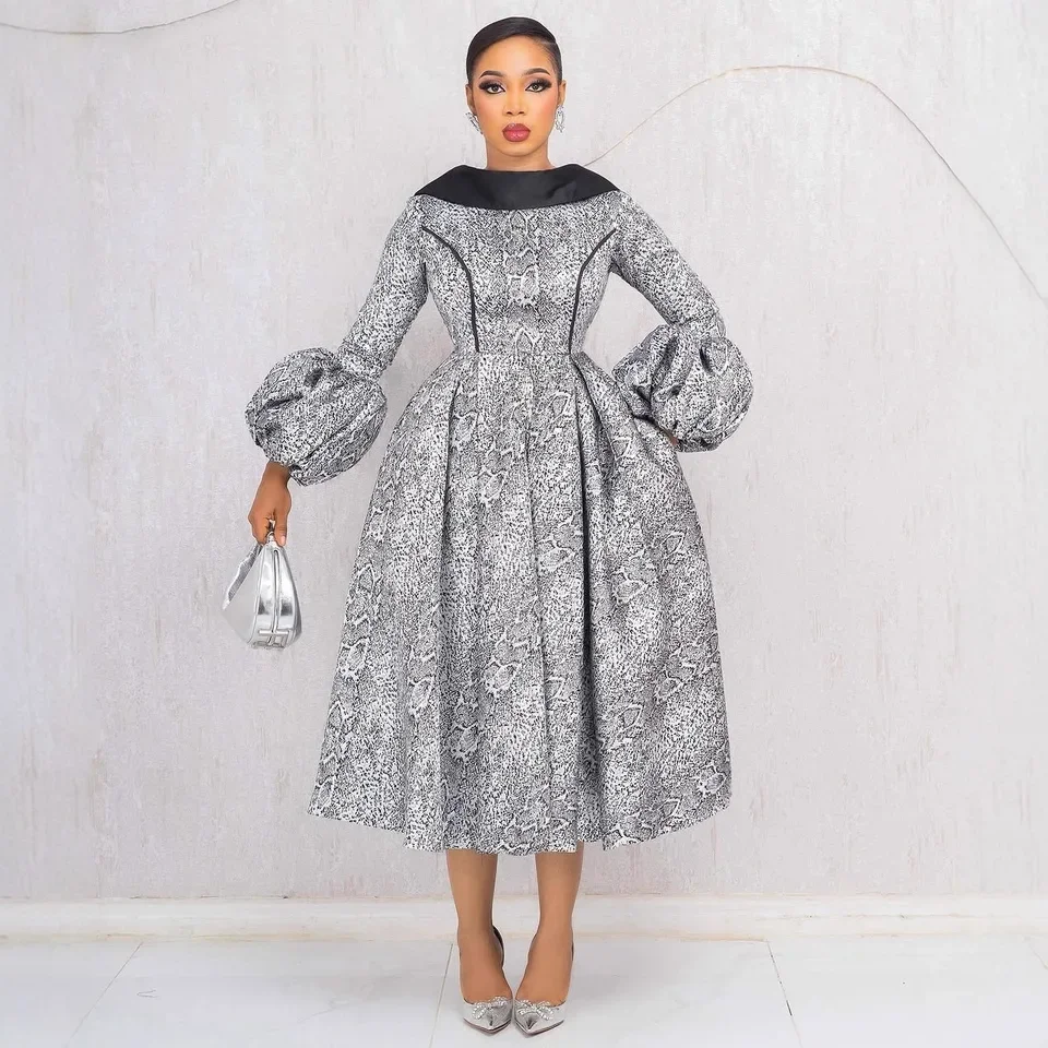 

2025 New Elegant Waist Cinching Back Revealing Turn Down Collar Puff Sleeve Big Skirt Fluffy Dress Women Temperament Style