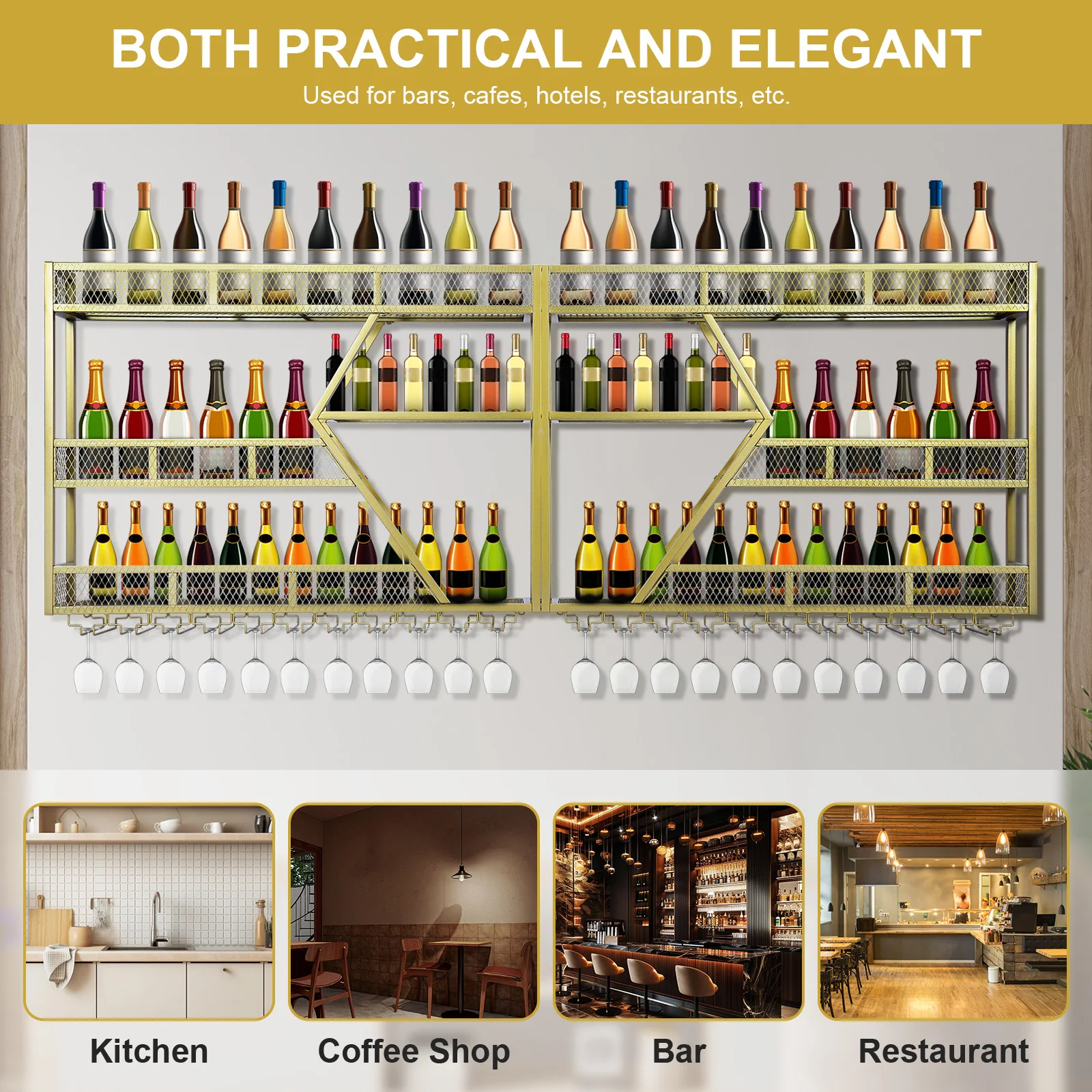 

Metal Wine Bottles Storage Display Storage Shelf with Wine Glass Holder Liquor Bottles Storage Display for Home & Dining Room