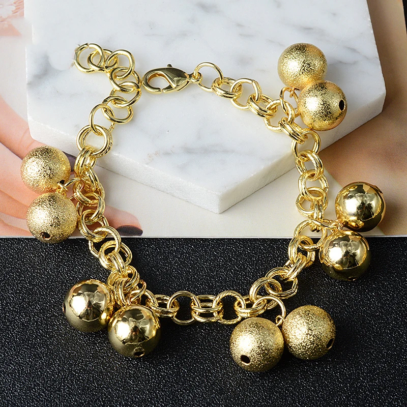 Sunny Jewelry 18K Gold Plated Round Bead Charm Bracelet for Women Ball Shape Pendant Hand Link Chain Party Wedding Jewellery