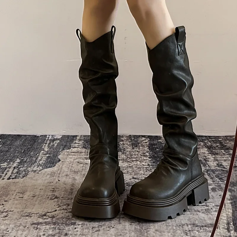 

Осенне-зимние женские высокие сапоги на платформе с толстой подошвой, модная обувь без шнуровки, винтажные женские рыцарские ботинки Botas 2025
