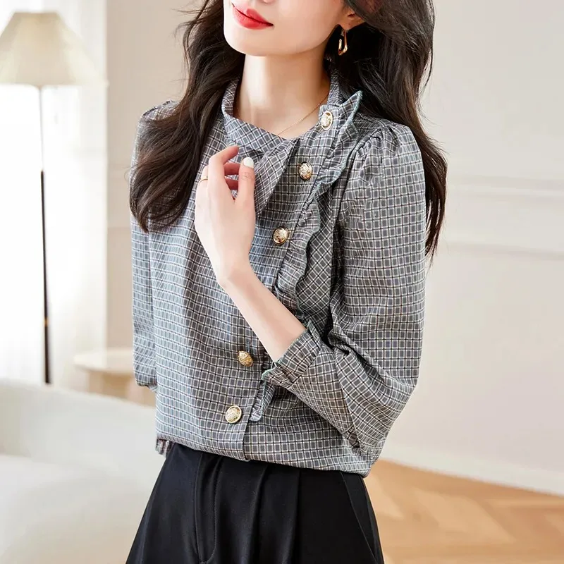 Women's Plaid Long Sleeve Blouse Ruffled Trim Gold Button Decor Stand Collar Puff Sleeve Casual Elegant Top Daily Wear