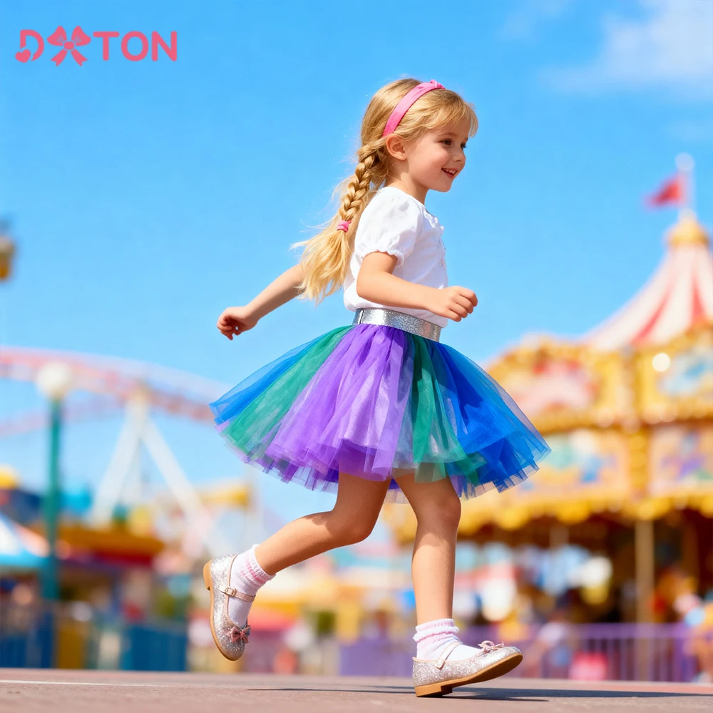 

DXTON Children Party Dancewear Skirt Patchwork Tulle Kids Tutu Skirt Little Girls Summer Vacation Outfits Mini Skirt Outerwear