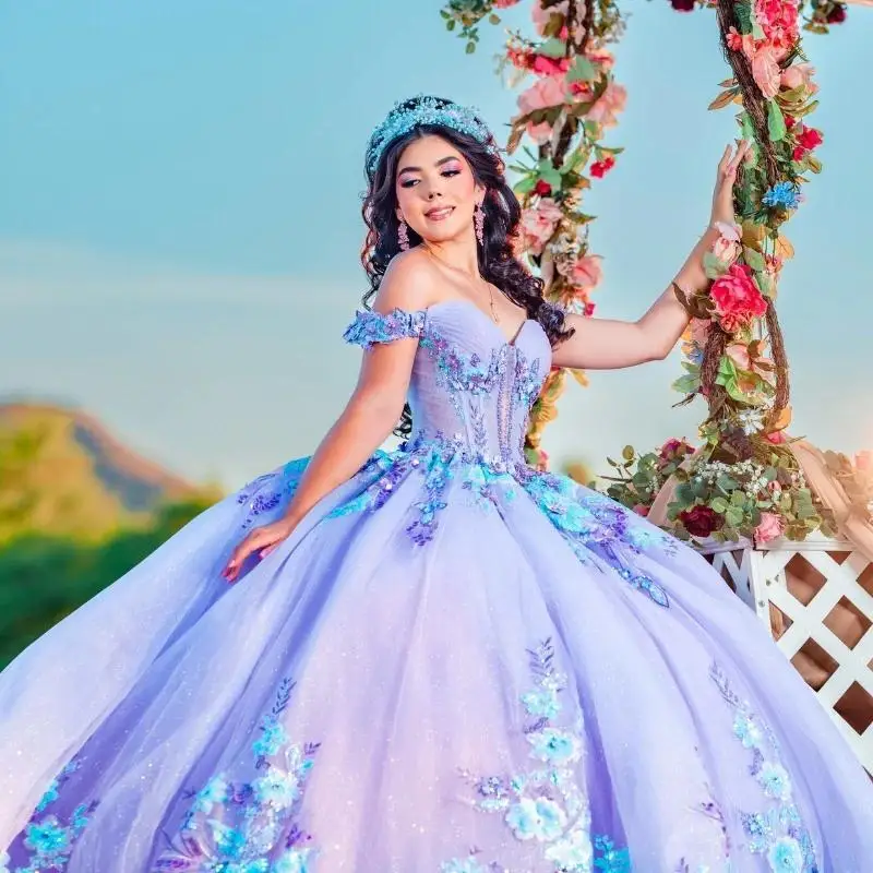 Lavender Shiny Quinceanera Dresses Lace Appliques Beading Tull Off the Shoulder Princess Ball Gown For Sweet 16 Vestidos De 15