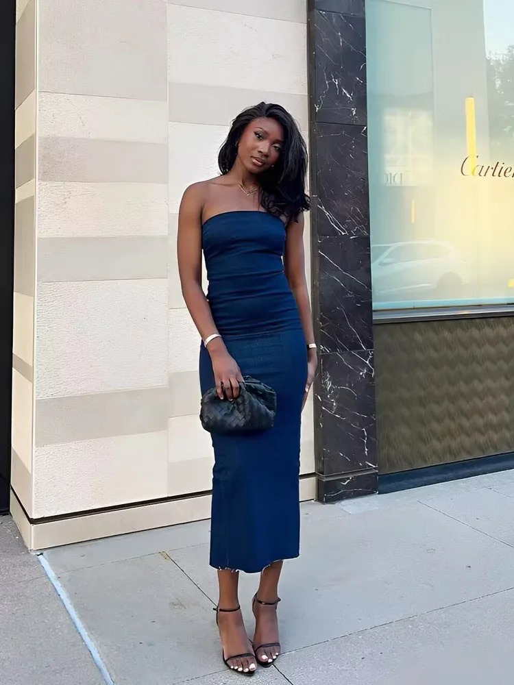 blue jean off the shoulder dress Elegant Navy A-Line Prom Dress with 3D Flowers and Halter Neck – misshow.com main image 0