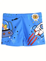 Cartoon Space Animals Pattern Quick Dry costume da bagno per ragazzi, pantaloncini da spiaggia elastici in vita, costumi da bagno per ragazzi per le vacanze estive