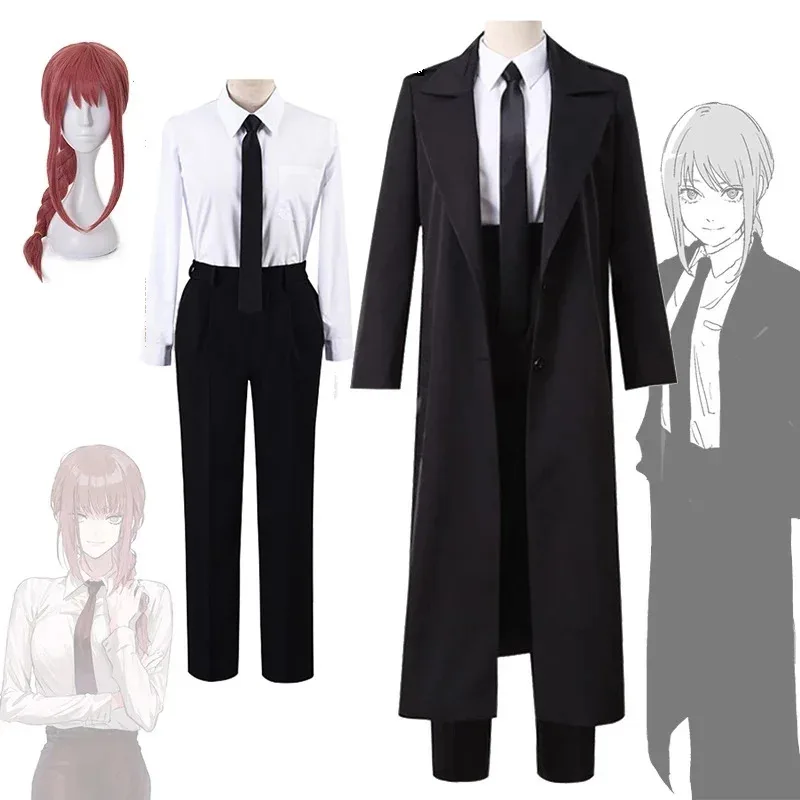 

lili 123Anime Chainsaw Man Cosplay Costume Black Trench Shirt Tie Pants Makima Wig Long Light Red Braid Men Women Suit Un